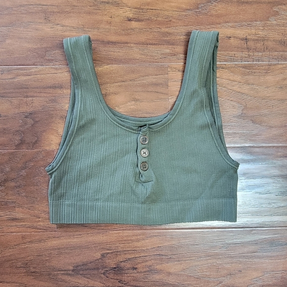 Urban Outfitters Ribbed Buttoned Dark Green Cropped Top Tank Top Size Small - Picture 3 of 6